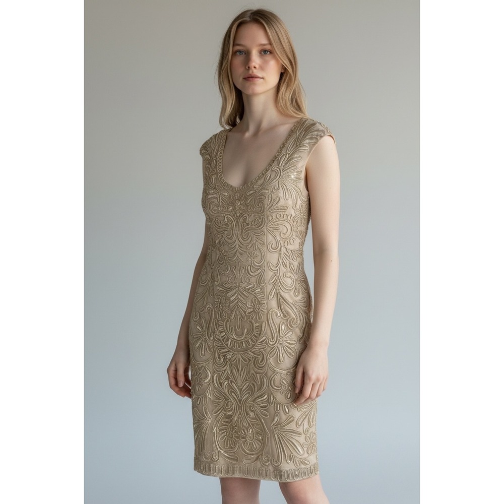 Sue Wong Champagne Gold Soutache Embroidered Sequin Cap Sleeve Dress 4
